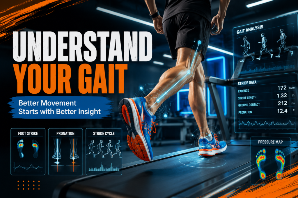 Runner on a treadmill undergoing digital gait analysis in a sports performance lab to improve stride, foot strike, and running shoe selection.