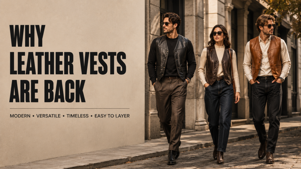 Three adults wearing modern black, brown, and cognac leather vests in 2026 street style