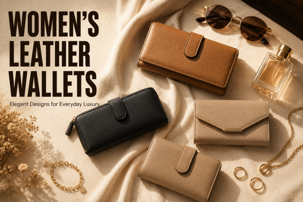 Elegant women's leather wallets in tan, black, and beige displayed with sunglasses, perfume, and gold jewelry on soft cream fabric with warm natural lighting.